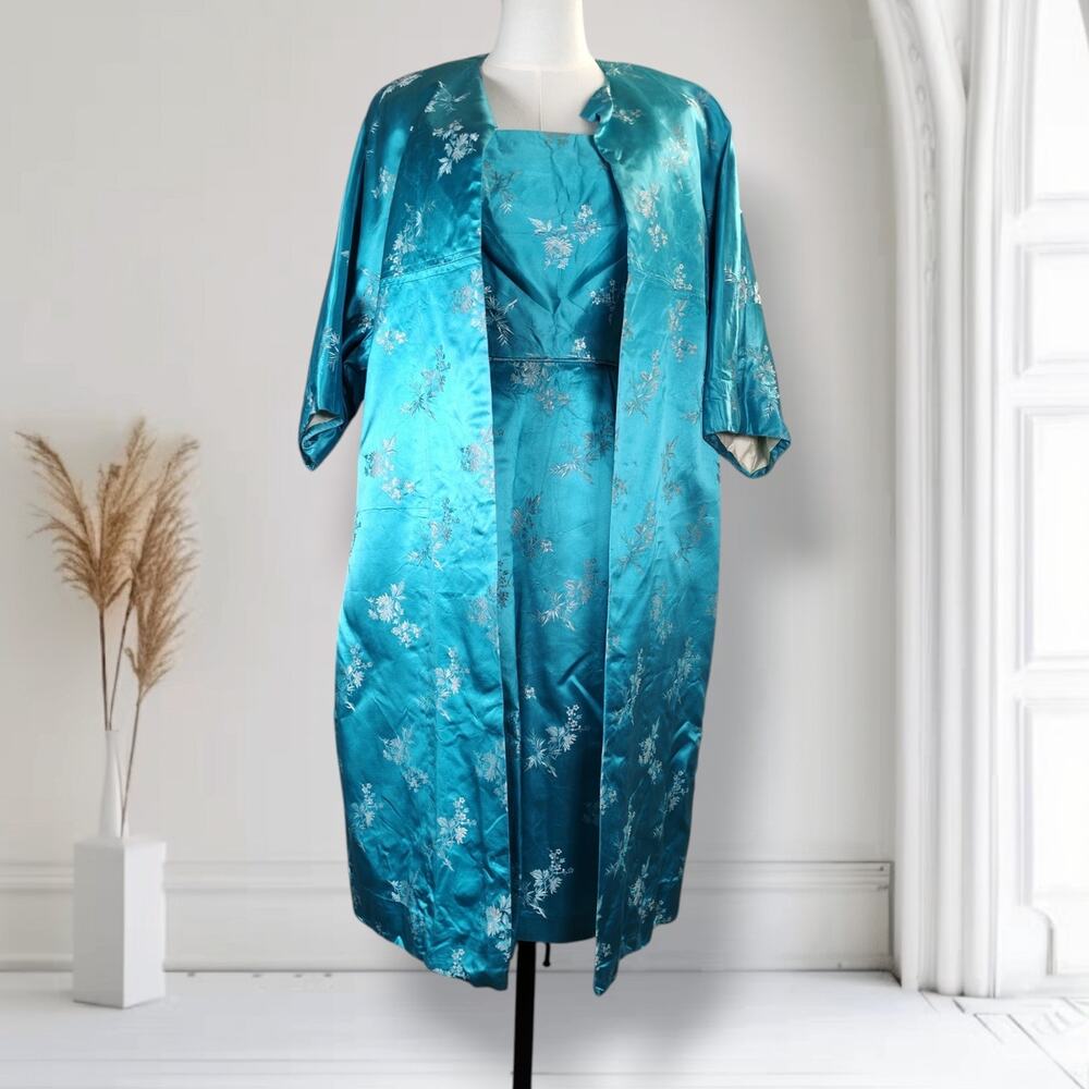 Vintage 50s Teal Brocade Dress Set Asian Floral Cocktail Hostess XXS